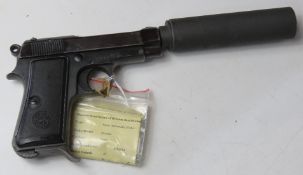 A deactivated Suppressed Beretta Model 34 9mm Kurz Calibre Pistol, with removable steel suppressor.