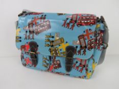 A London themed light blue satchel type