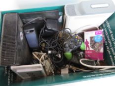A large box of assorted electricals including Xbox and Xbox 360 consoles, speakers, controller,