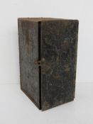 Vintage metal lock box opening to reveal 4 drawers within measuring approx. 17.5 x 27 x13cm.