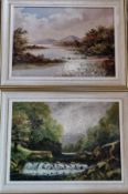 A pair of oil on board paintings, one being a loch with mountains beyond,