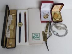 A quantity of assorted wrist and pocket watches includign Yves Rocher, Tissot, Movado, Stowa,