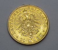 An 1888 German Deutsches Reich 10 Mark coin, 900 gold (21.6ct), 4g.