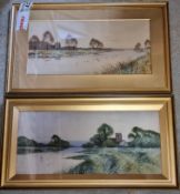 Two watercolours of riverside themes each having church to background and each signed lower left F