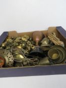 A quantity of assorted brass, copper and metalware including ship themed door knocker, trophy cup,