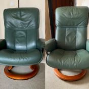 A pair of Ekornes of Norway green leather Stressless reclining chairs Scandinavian mid century