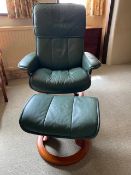 An Ekornes of Norway green leather Stressless reclining chair and stool,