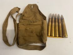 Five inert WWII British .55 boys anti-tank rifle rounds in pouch, dated 1943.