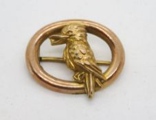 A delightful vintage rose and yellow metal Australian Kookaburra brooch, indistinct hallmark, 1.3g.