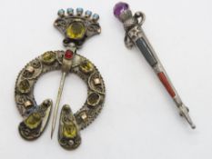 A sterling silver Scottish hardstone thistle design kilt pin brooch,