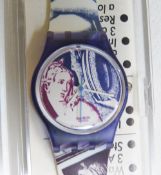 A Swatch watch in Sapho pattern, original packaging, new battery within box.