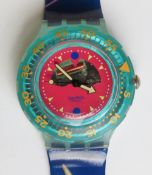A Scuba 200 Swatch watch in Happy Fish pattern, original packaging, new battery within box.