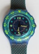 A Scuba 200 Swatch watch in Blue Moon pattern, original packaging, new battery within box.