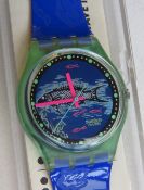 A Swatch watch in Frishe Fische pattern 1992, original packaging, new battery within box.