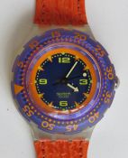 A Scuba 200 Swatch watch in Red Island pattern, original packaging, new battery within box.