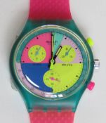 A Chrono Swatch SCL100 watch in Flash Arrow pattern, no box, retail sticker attached.