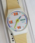 A Swatch watch in Shore Leave pattern 1990, original packaging, new battery within box.