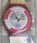 A Chrono Swatch watch in Navy Berry pattern, part packaging, new battery within bag.