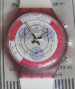 A Chrono Swatch watch in Navy Berry pattern, part packaging, new battery within bag.