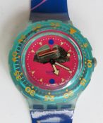 A Scuba 200 Swatch watch in Happy Fish pattern, original packaging, new battery within box.