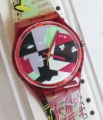 A Swatch watch in Cubistic RAP pattern, original packaging, new battery within box.