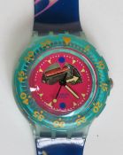 A Scuba 200 Swatch watch in Happy Fish pattern, original packaging, new battery within box.