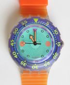 A Scuba 200 Swatch watch in Medusa pattern, original packaging, new battery within box.