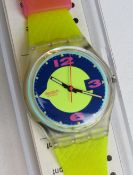 A Swatch watch in Reflector pattern, original packaging, new battery within box.