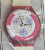 A Chrono Swatch watch in Navy Berry pattern, part packaging, new battery within bag.