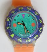A Scuba 200 Swatch watch in Medusa pattern, original packaging, new battery within box.