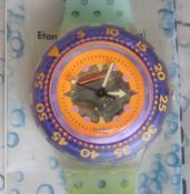 A Scuba 200 Swatch watch in Hyppocampus pattern, USA variation, original packaging,