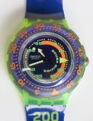 A Scuba 200 Swatch watch in Coming Tide pattern, original packaging, new battery within box.