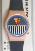 A Swatch watch in Valkyrie pattern 1986, original packaging, new battery within box.