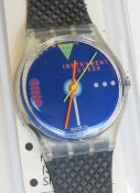 A Swatch watch in Take Off pattern 1988, original packaging, new battery within box.