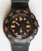 A Scuba 200 Swatch watch in Barrier Reef pattern, original packaging, new battery within box.