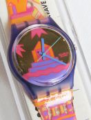 A Swatch watch in Rara Avis pattern, original packaging, new battery within box.