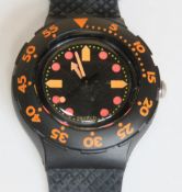 A Scuba 200 Swatch watch in Barrier Reef pattern, original packaging, new battery within box.