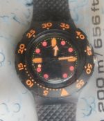 A Scuba 200 Swatch watch in Barrier Reef pattern, original packaging, new battery within box.