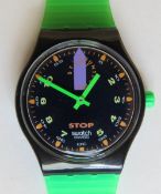 A Swatch Stop watch in Jess Rush pattern, original packaging, new battery within box.