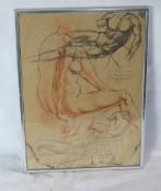 A artists sketch page having various overlapping nude drawings and quotes upon, watermark to base.