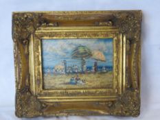 A Continental oil on canvas of a French beach scene bearing signature J E Blanche, 16.5 x 11.5cm.
