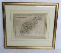 Hand coloured Joshua Archer map of Northamptonshire c1842, framed and glazed.
