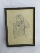 A pencil sketch of Winston Churchill, framed.