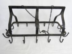 A wrought iron kitchen crown pot hanger complete with chain, approx 73 x 37cm,