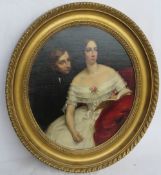 A 19th century oil on canvas of a lady in white dress with floral adornment studiously ignoring a