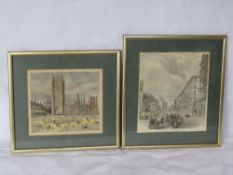 Two coloured engravings of Westminster scenes; The Victoria Public Gardens and Victoria Street,