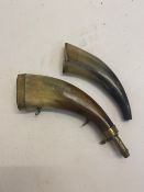 Two horn and brass powder flasks. Thi
