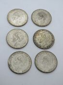 Six Netherlands 2 1/2G coins 1929 - 1937, 0.720 silver, 150g.