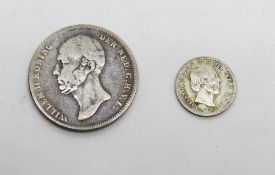 A Netherlands Willem II 1848 1/2G 0.945 silver, and 1855 5 cent .640 silver.