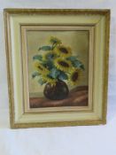 Dutch School oil painting, still life of sunflowers, signed indistinctly.